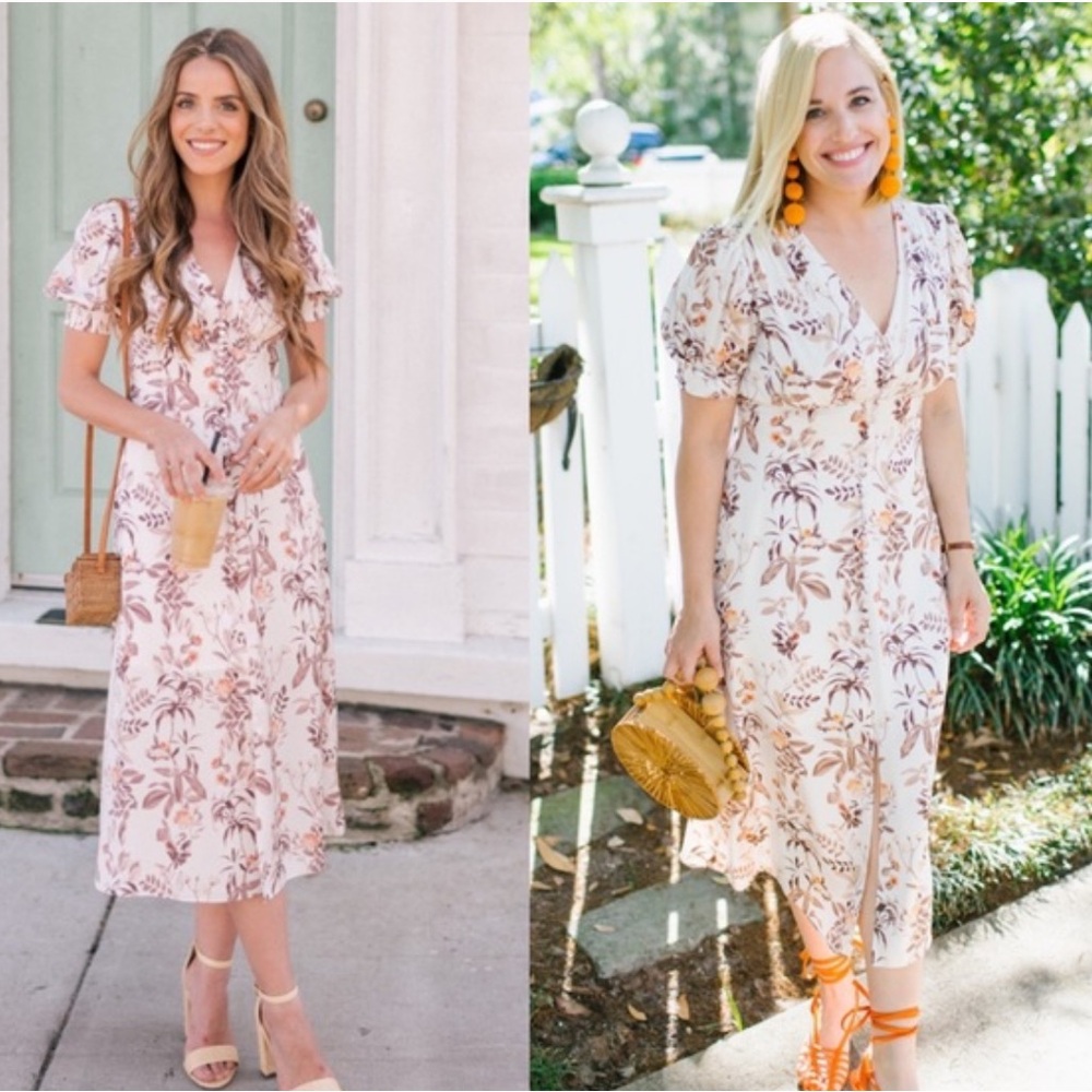 Gal Meets Glam Floral Midi Dress in Cream and Brown